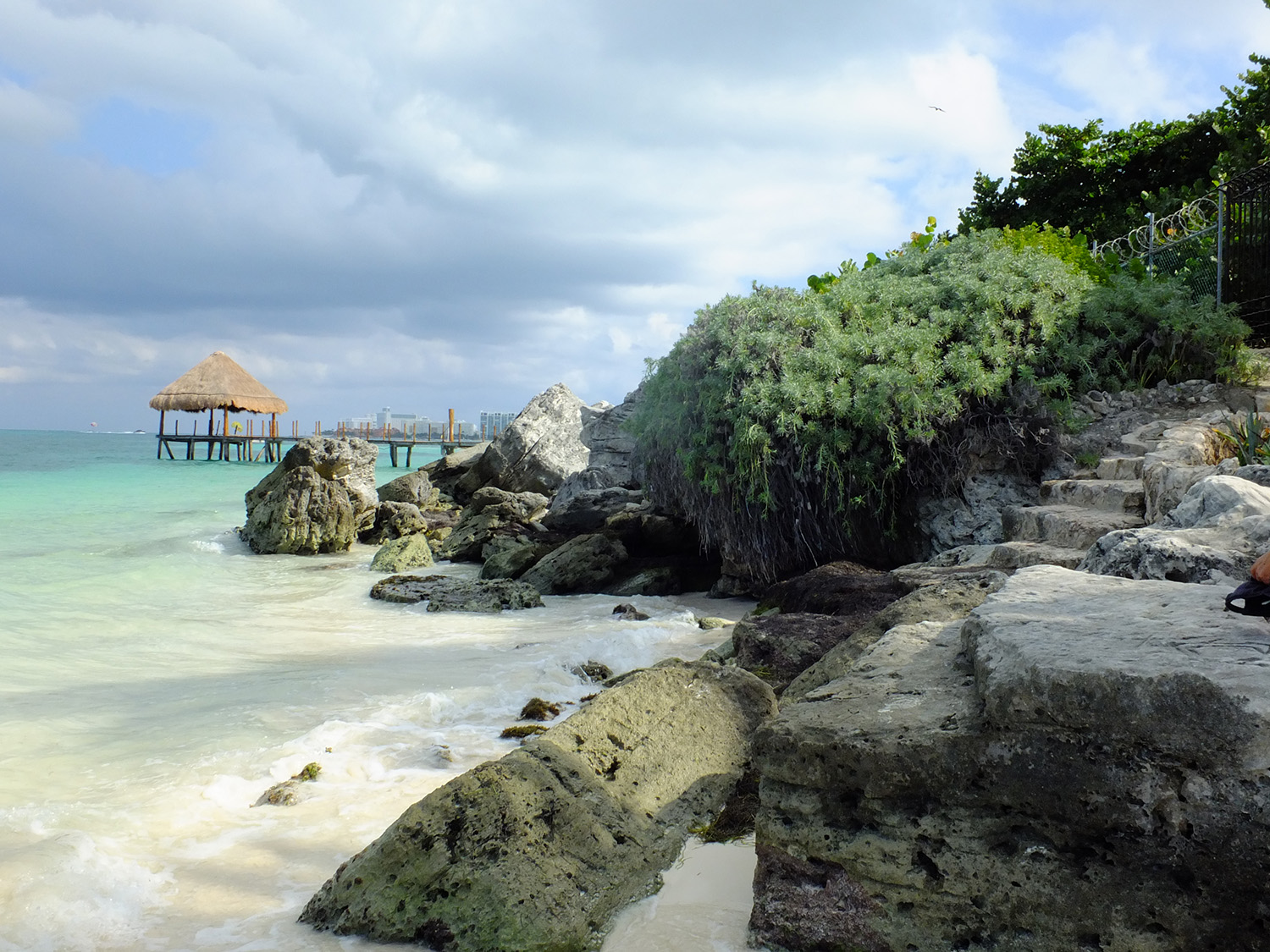 Пляжи с камнями в Канкуне и смешные птицы в бассейне